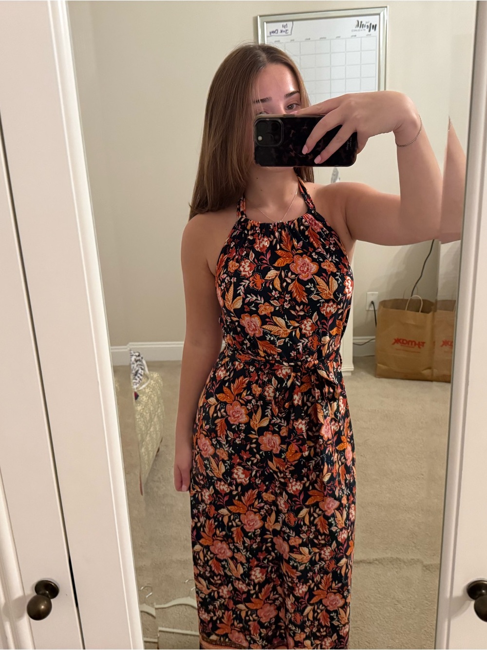 MSK Floral Halter Midi Dress in Black and Coral-Orange